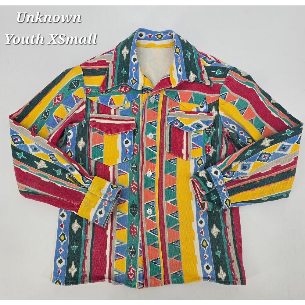 VTG‎ Handmade retro Western Brushpopper Shirt Bright Southwest Geometric Print